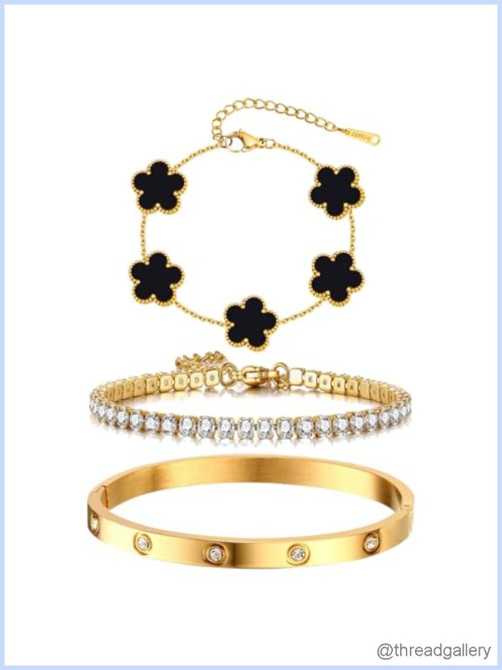 Stackable Gold Plated Bracelet Set for Women - Bangle, Tennis & Clover